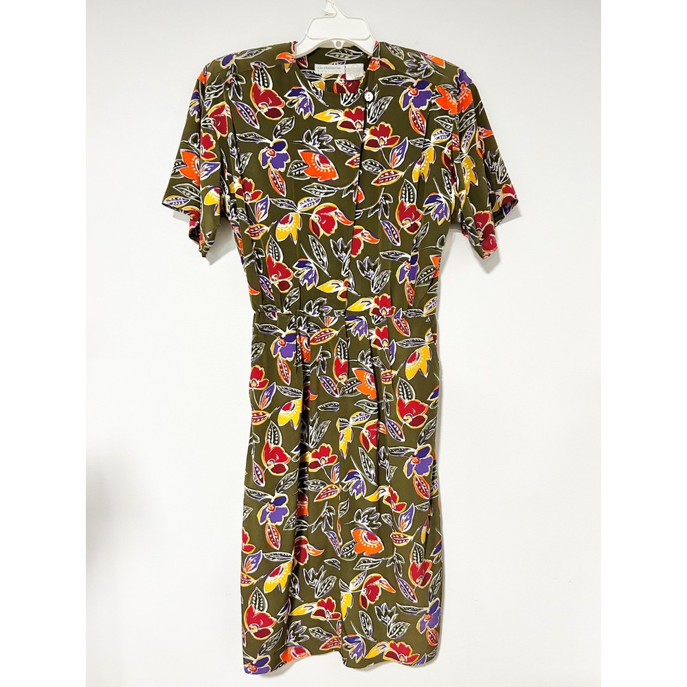 Liz Claiborne Womens Vintage Floral Midi Dress Olive Green Short Sleeve Size 4